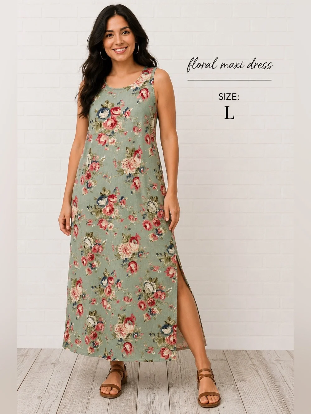 Floral Maxi Dress Sleeveless Side Slit romantic bohemian Cottagecore Boho Size L